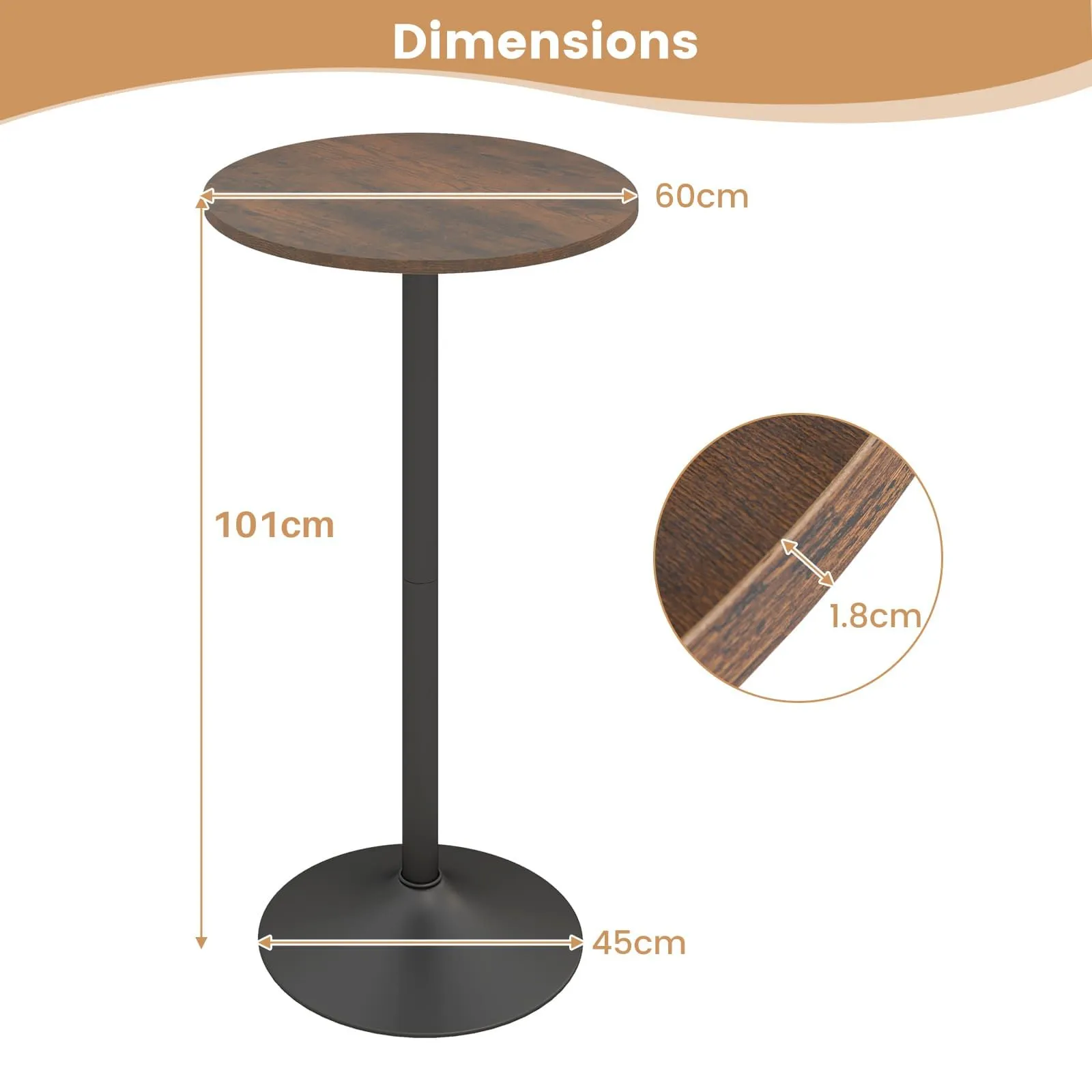 Costway Round Top Pub & Bar Table Standing Bistro Table with MDF Top & Black Leg in Brown 2
