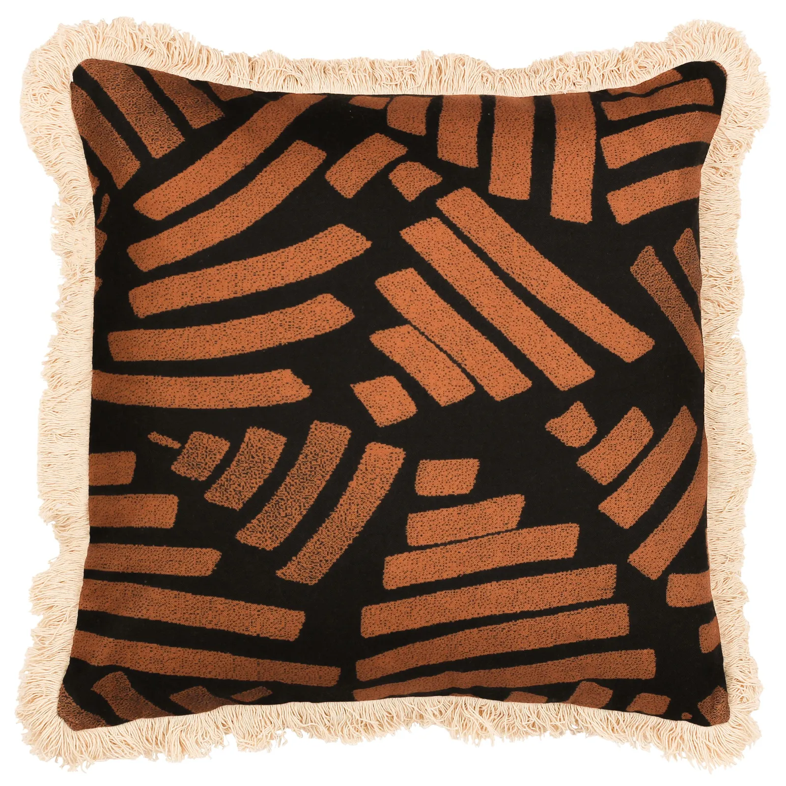 Paoletti Oromo Printed Geometric Fringed Cushion in Brown 2