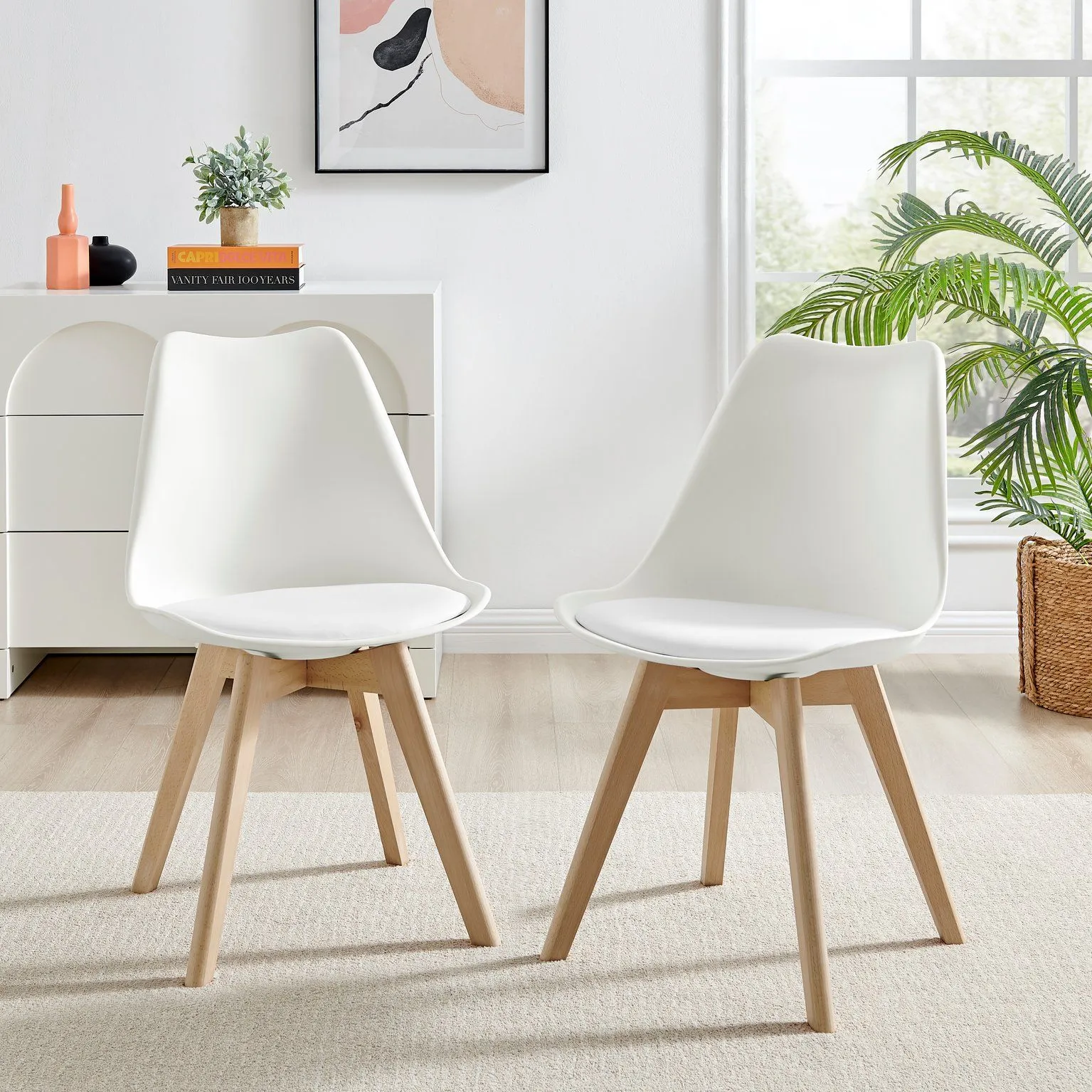 FurnitureboxUK Set of 2 Stockholm Natural Birch Wood Scandi Minimalist Dining Chairs with Faux Leather Cushion in White