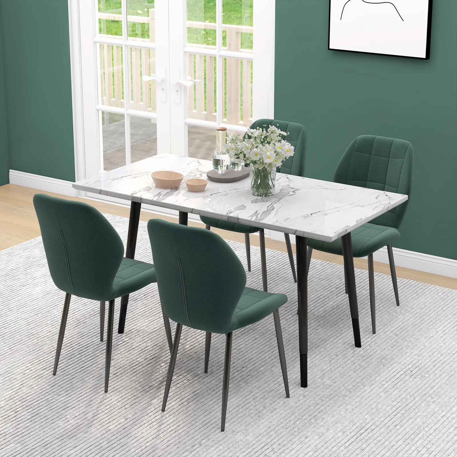 HOMCOM Dining Chairs Set of 4, Modern Style Flannel Upholstered Kitchen Chairs with Backs & Steel Legs, for Living Room, Dining Room, Bedroom in Green 4
