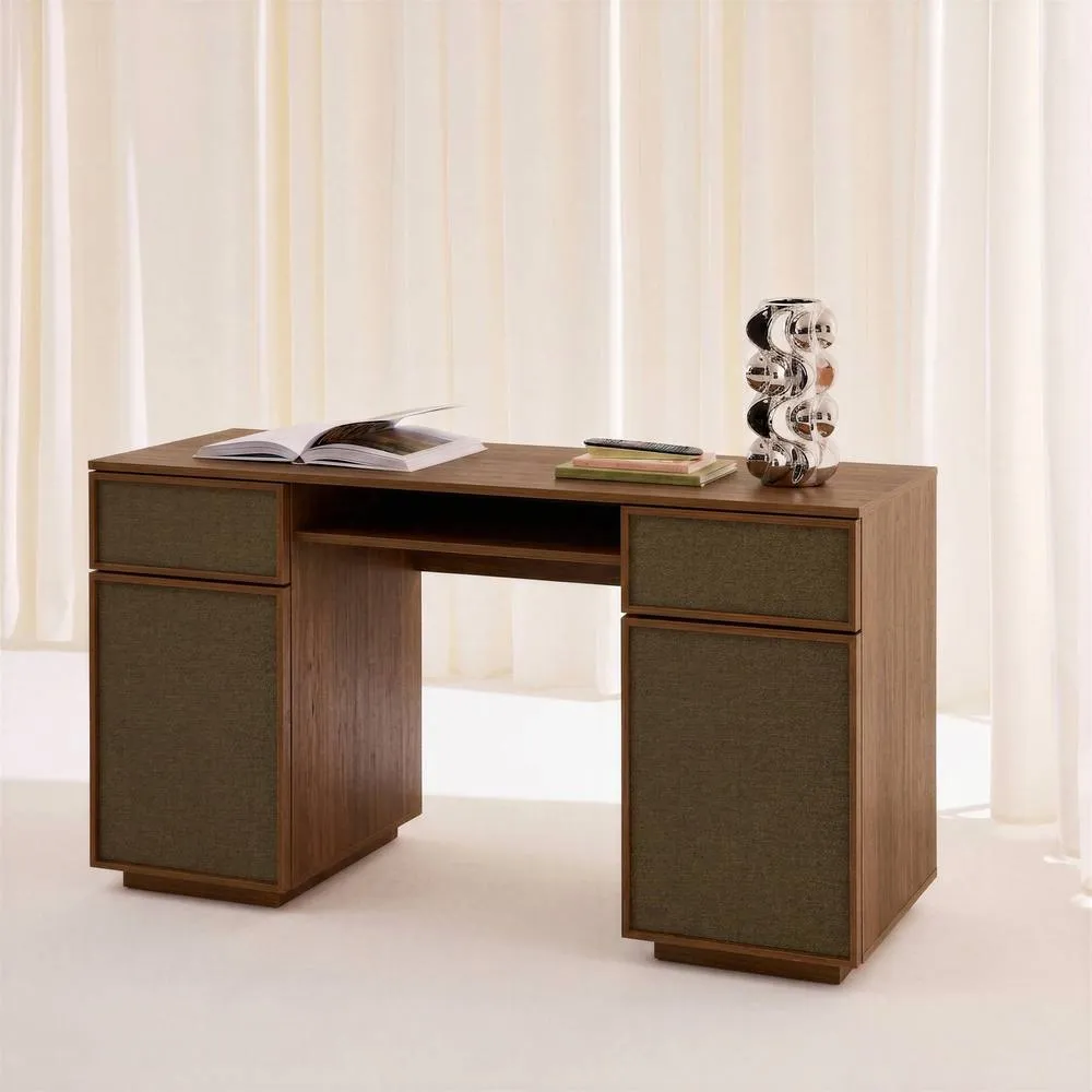 sweeek Desk with 2 doors, 2 drawers, 1 niche fabric & wood decor 140cm in Dark Brown 6