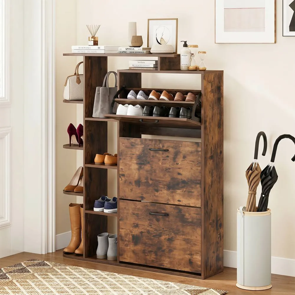 Costway Shoe Storage Cabinet Freestanding Shoe Organizer with 3 Flip Drawers in Brown 3