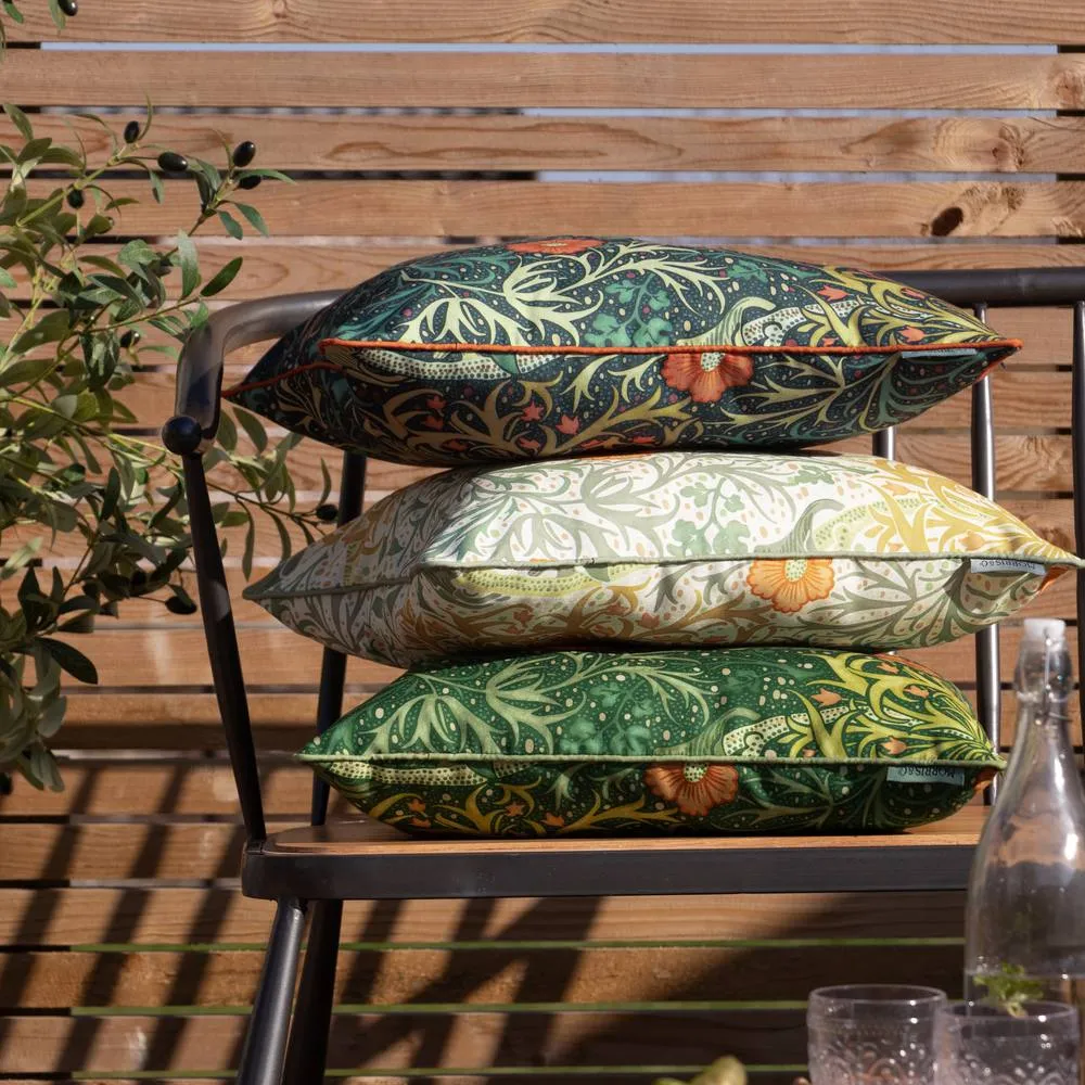 Morris & Co Seaweed Printed Piped Outdoor Cushion in Indigo 5