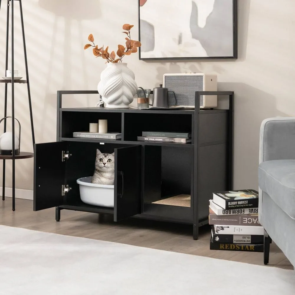 Costway Large Cat Litter Box Enclosure Furniture Wooden Kitty Washroom Hidden Cabinet in Black 4