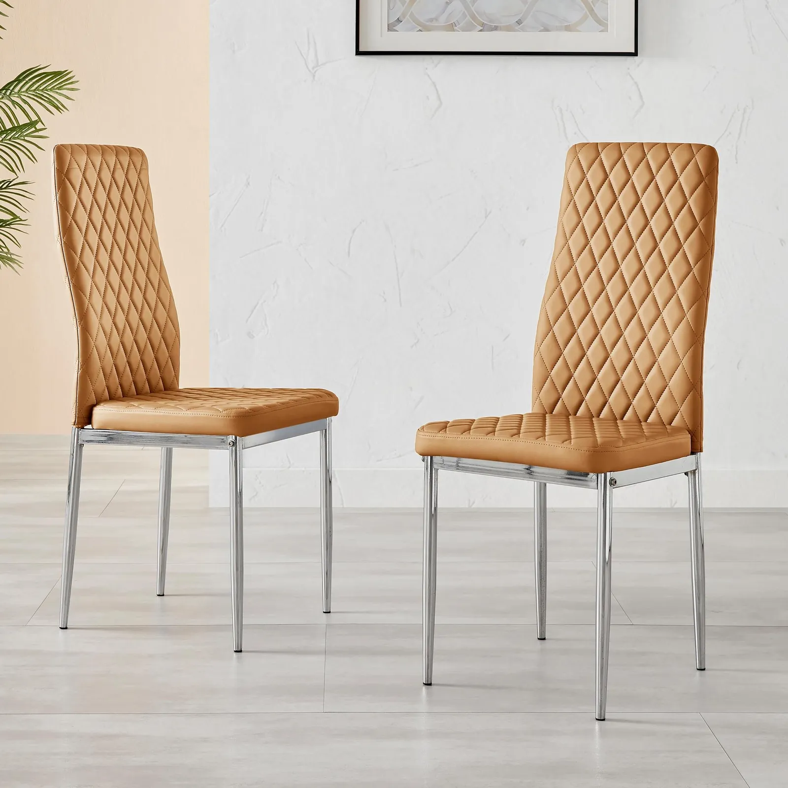 FurnitureboxUK Set of 6 Milan High Back Soft Touch Diamond Pattern Faux Leather Dining Chairs With Silver Chrome Metal Legs in Mustard 2