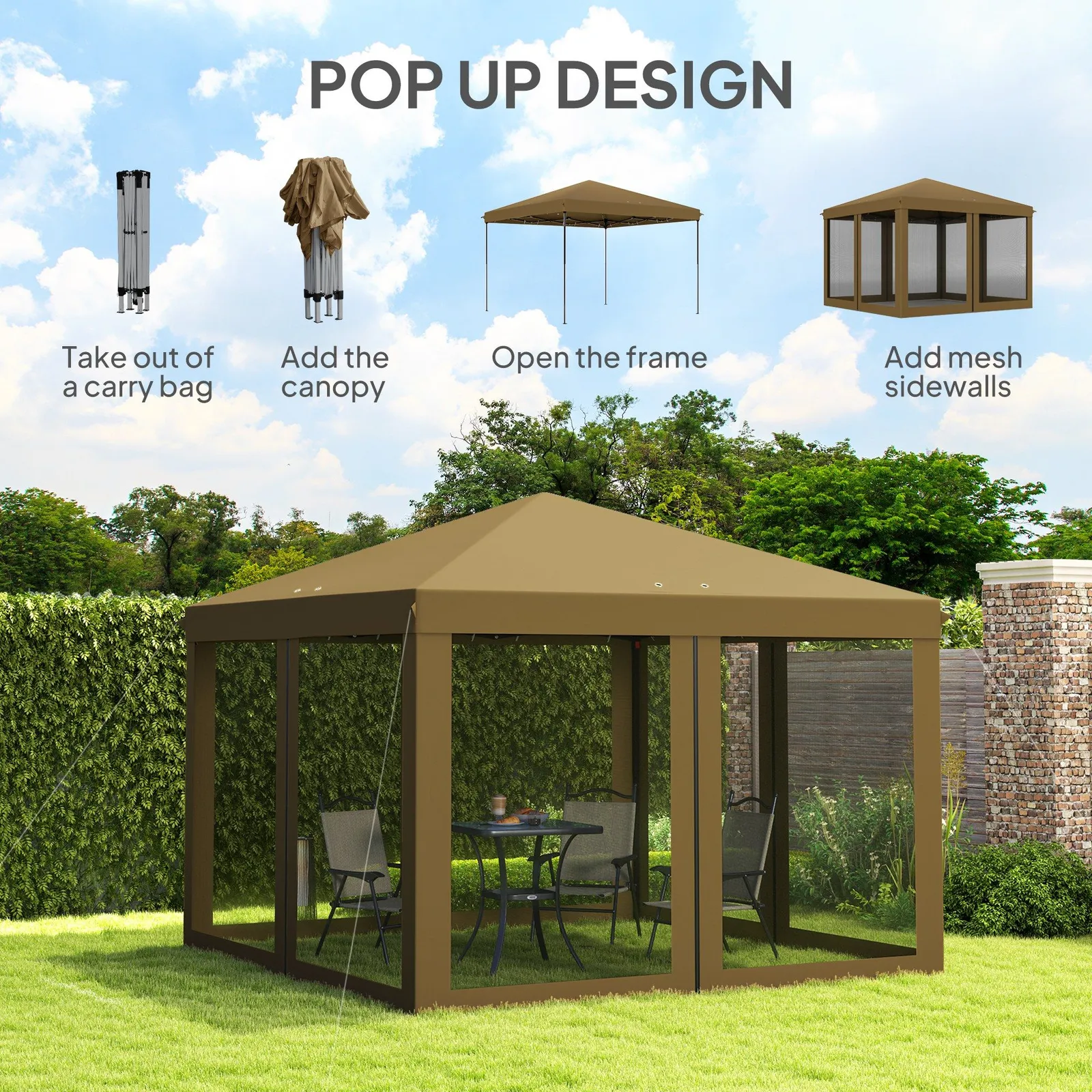 OUTSUNNY Heavy Duty Pop Up Gazebo with Removable Mesh Sidewall Khaki 4