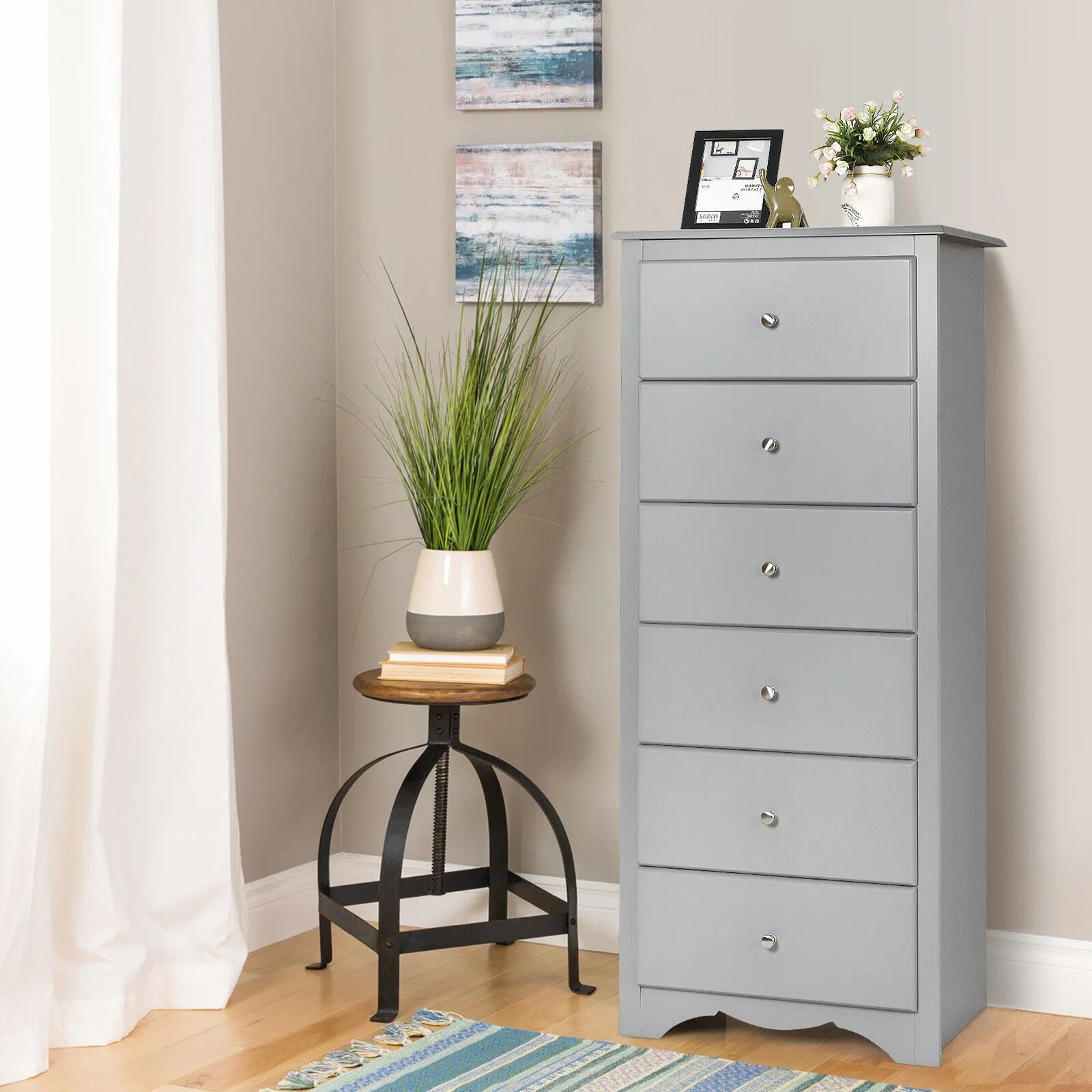 Costway Chest of Drawers Free Standing 6 Drawers Wooden Storage Cabinet W/ Metal Handles in Grey 4