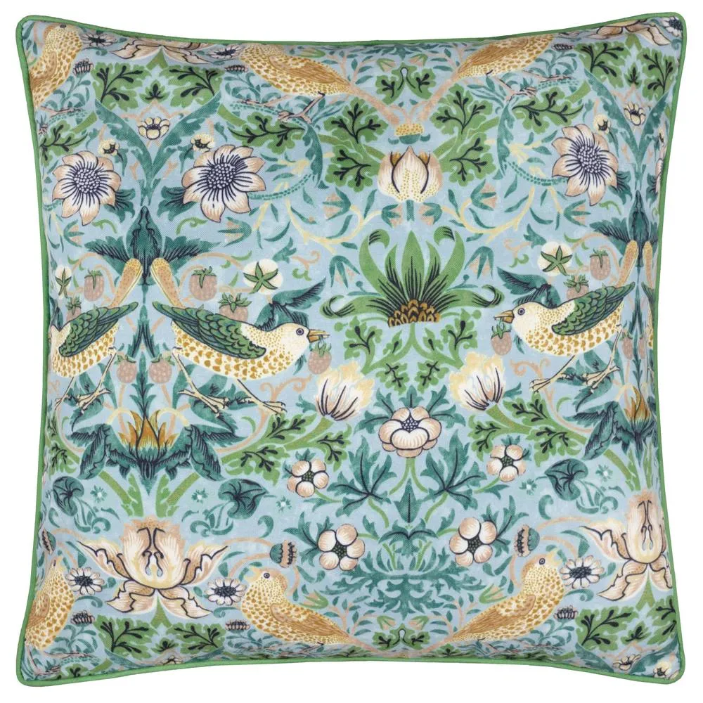 Morris & Co Strawberry Thief Piped Outdoor Cushion in Blue 2