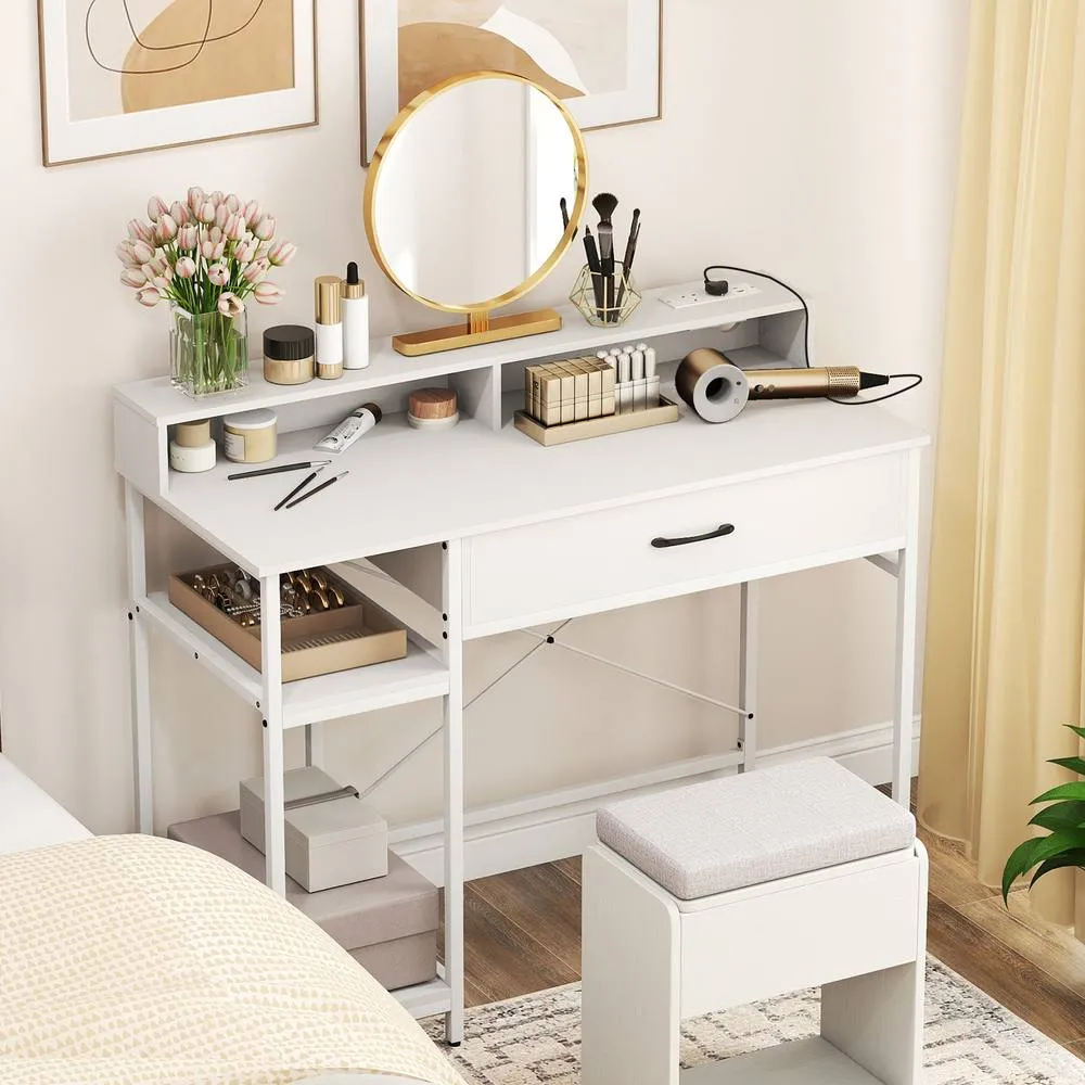 Costway Wooden Computer Desk Office Writing Desk Workstation w/ Power Outlets in White 5