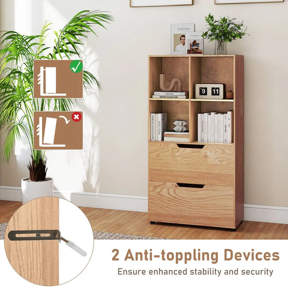 Costway 5-Tier Bookcase w/2 Drawers & 4-Cubes Tall Bookshelf Display Rack in Natural 5