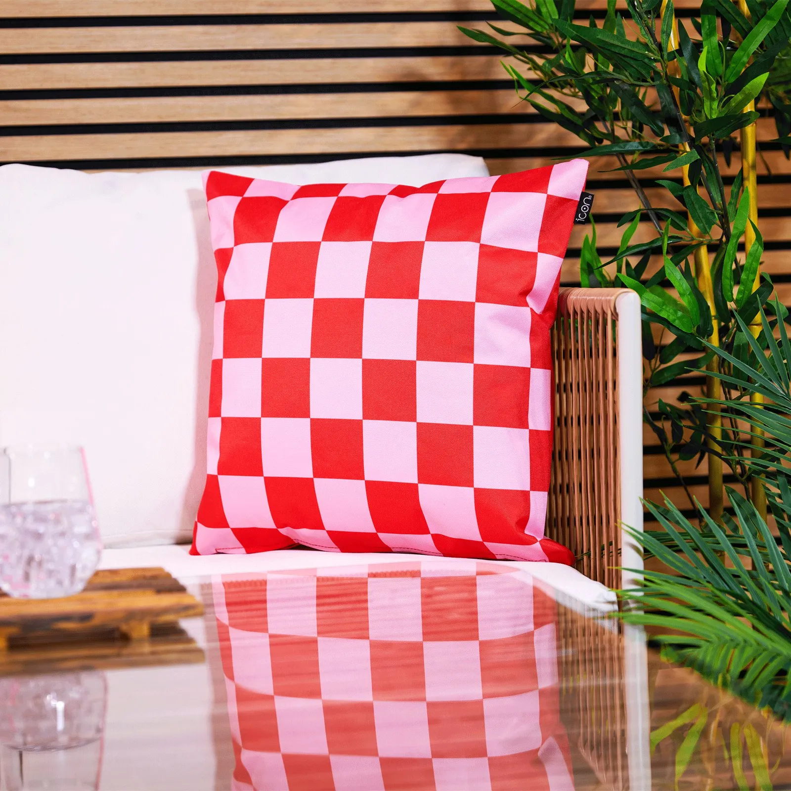 icon Indoor & Outdoor Checkerboard Waterproof Cushion Green in Pink