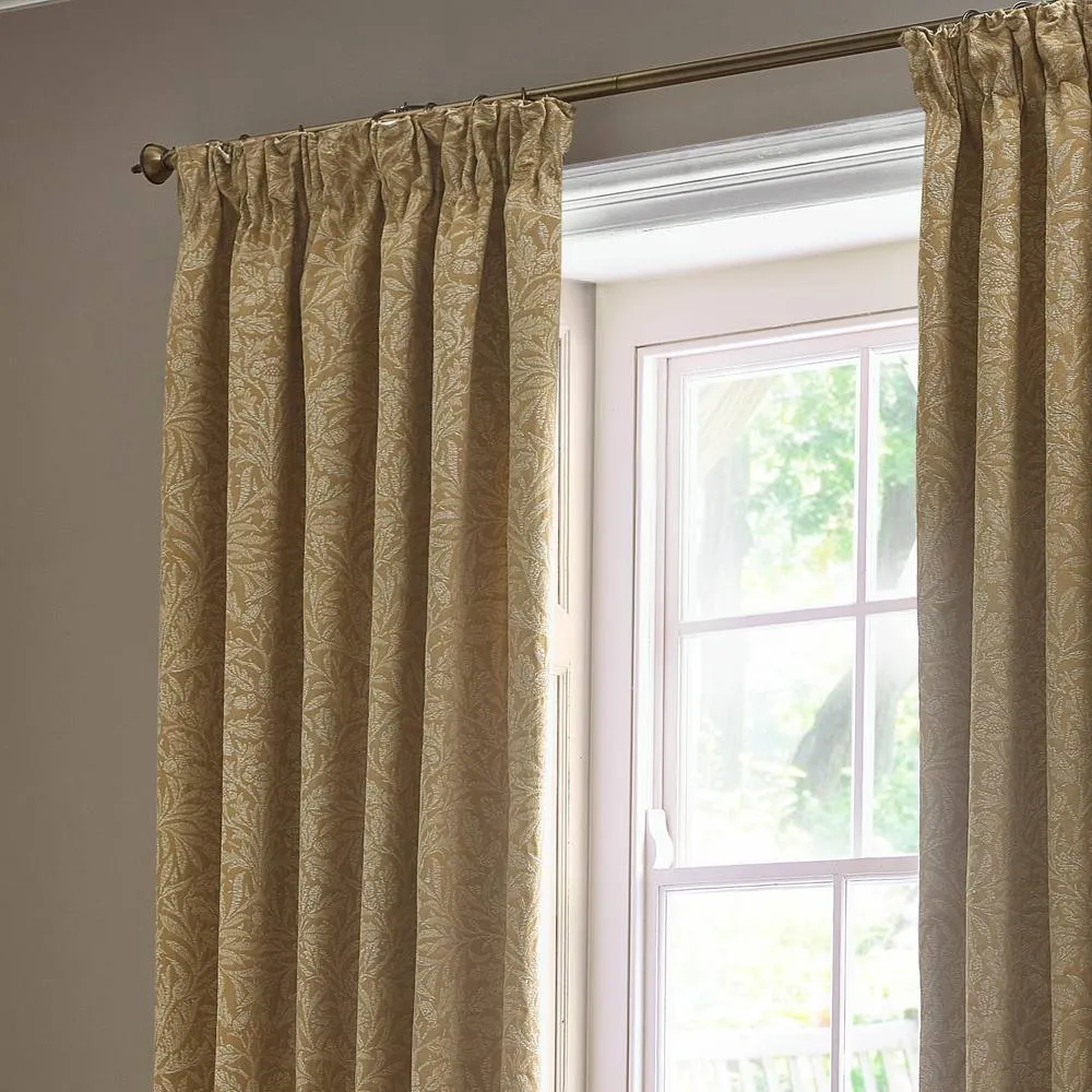 Morris & Co Acorn Tonal Fully Lined Matt Jacquard Pencil Pleat Curtains in Gold 3