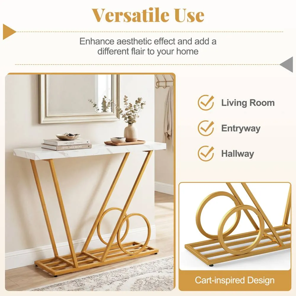 Costway 100CM Modern Console Table Faux Marble Entryway Table Sofa Side Table in White 4