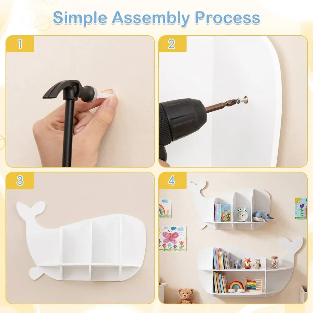 Costway 2PCS Whale Floating Shelves Wall Mounted Storage Display Rack in White 6