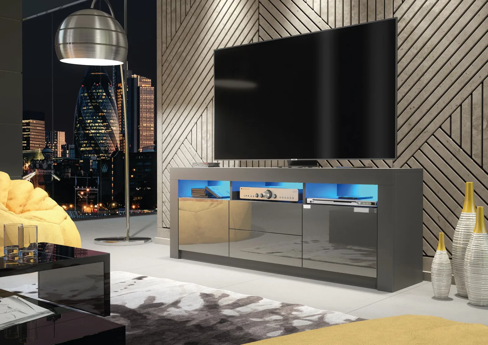 Creative Furniture Shine TV Unit 160cm - A Bright & Stylish Cabinet with Gloss Doors & LED Lights in Dark Grey 6
