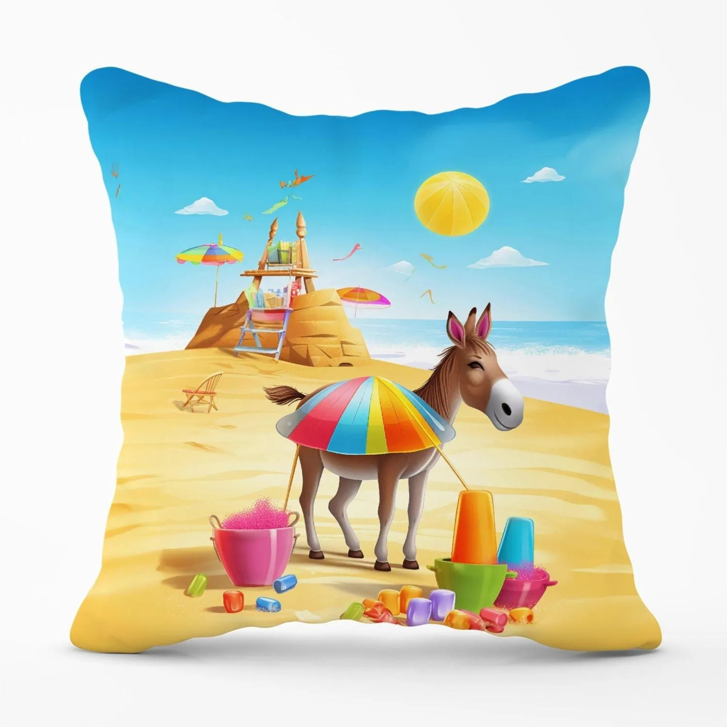 Warren Reed - Designer Donkey On A Beach Holiday Outdoor Cushion in Yellow