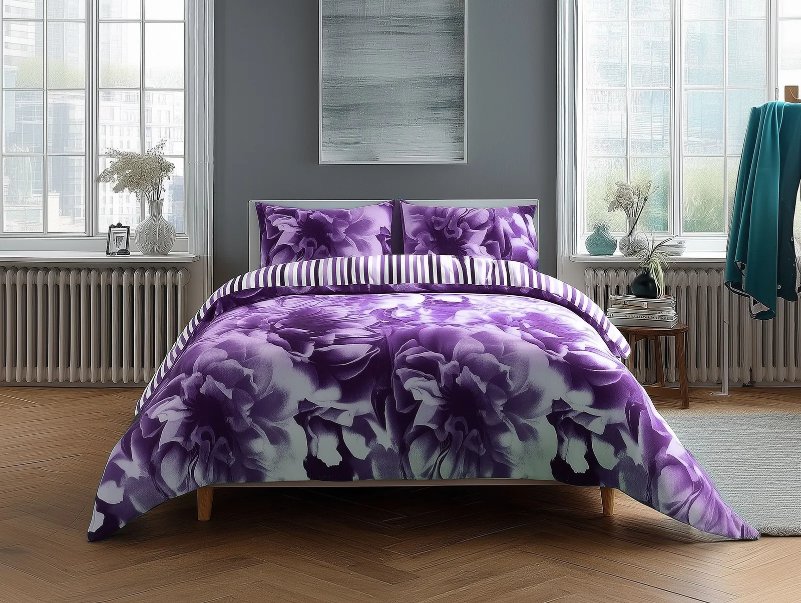 Snug City Duvet Cover & Pillowcase Set Reversible Rose & Stripe Design Polycotton Bed Linen in Lilac