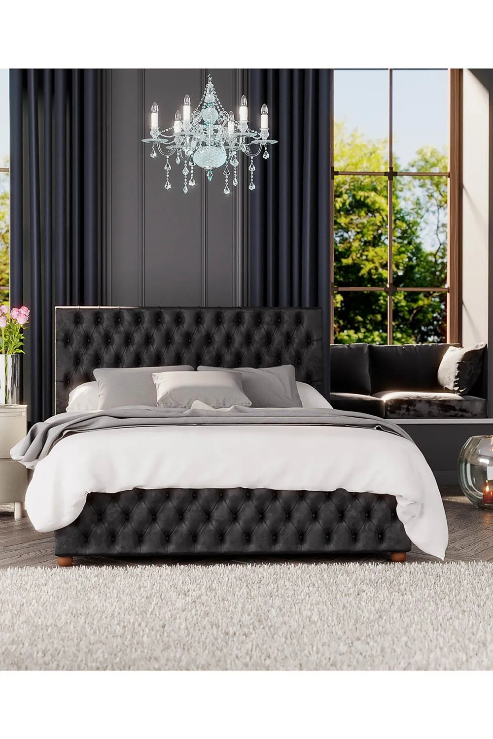 Laurence Llewelyn-Bowen Seren Ottoman Storage Bed in Mirazzi Velvet Fabric, Custom Made in Black 5