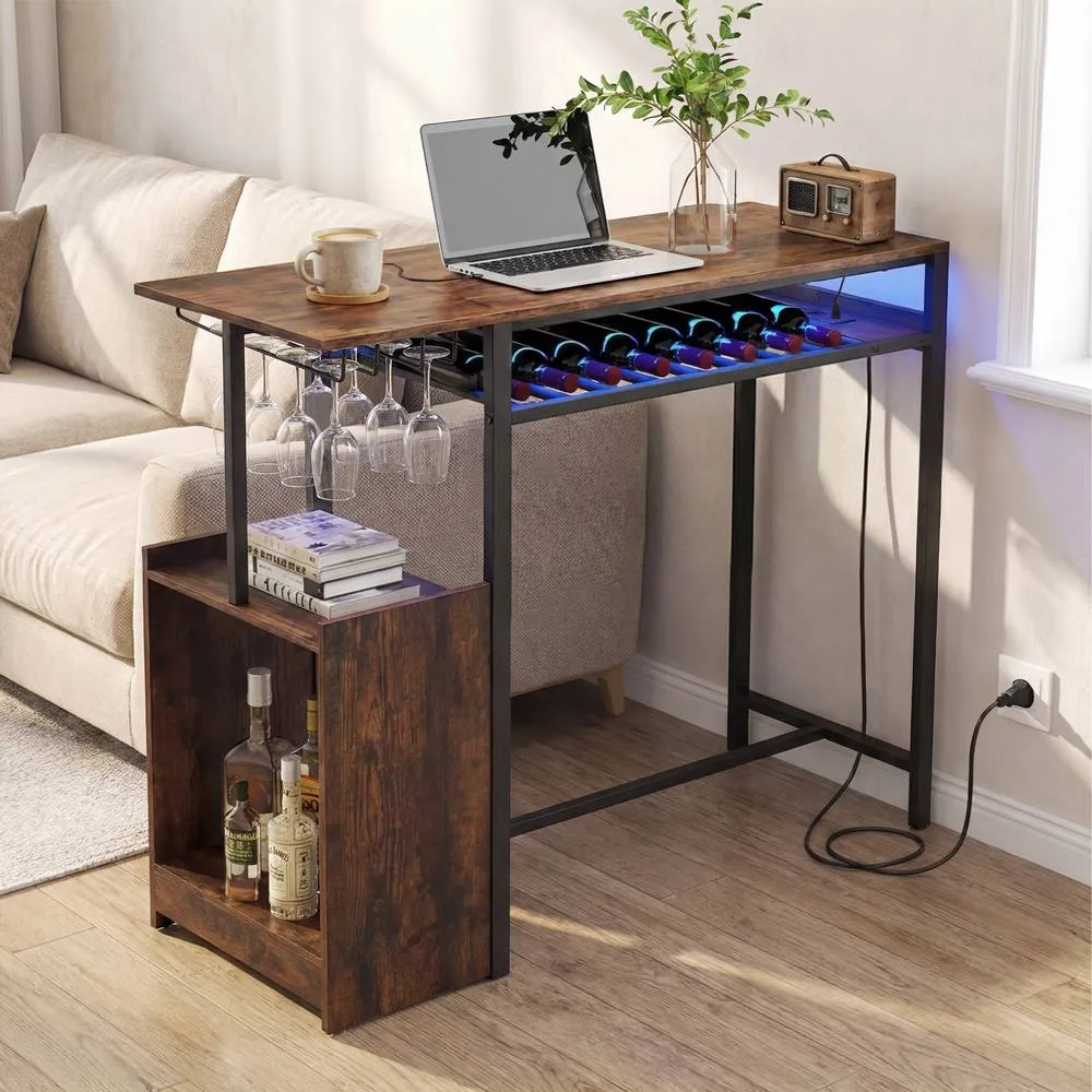 Costway Rectangular Bar Table 8-Bottle Wine Rack & Stemware Racks in Brown 3
