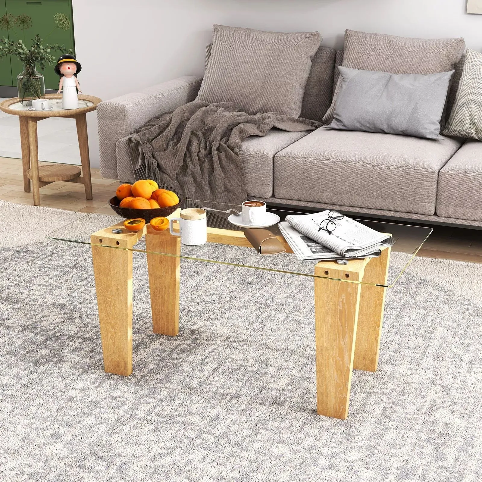 Costway Rectangle Coffee Table Modern Tempered Glass Top Accent Table Sofa Center Table in Natural 2