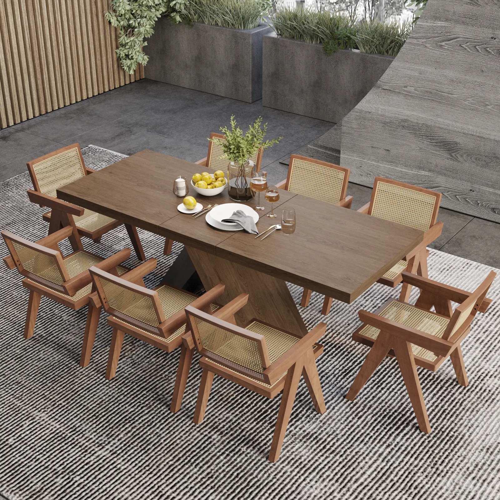 Dining Table Set 61"-79" Rectangle Extendable Dining Table & 8 Archic Japandi Rattan Dining Chairs