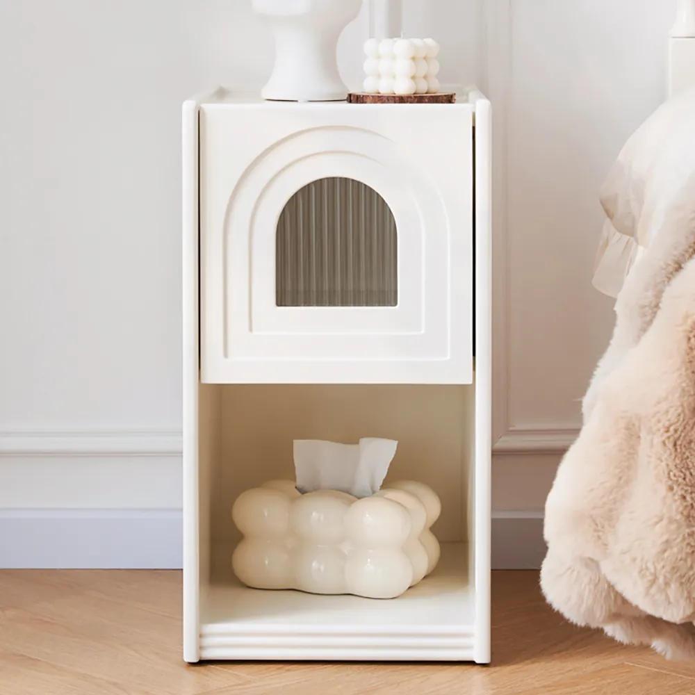 Rustic Narrow Smart Bedside Table White Bedside Table with Sensor Light & USB Port