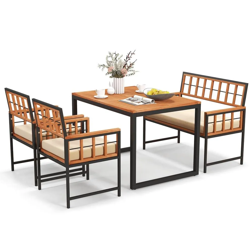 Costway 4 Pieces Acacia Wood Patio Dining Set with 1 Rectangular Table-Natural in Brown