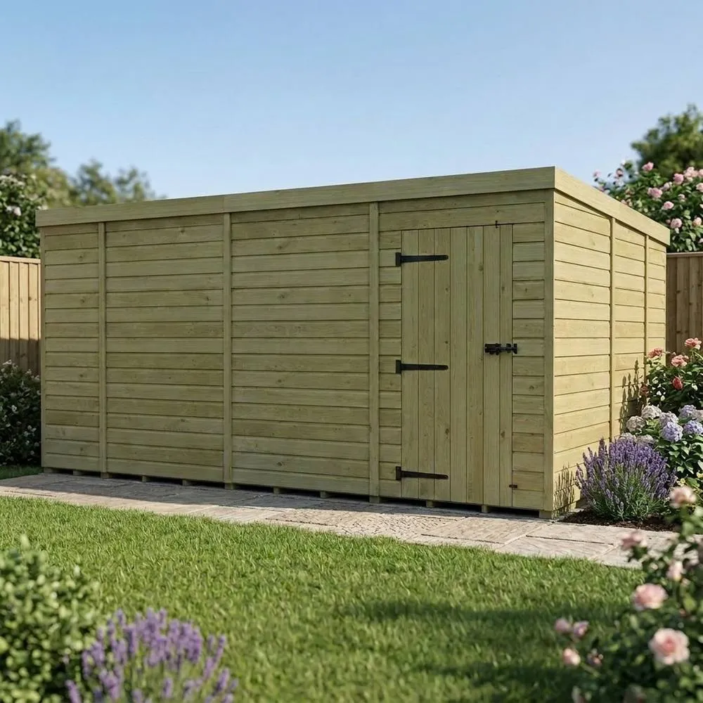 Buttercup Farm 14ft x 9ft Pent Garden Shed Single Door No Windows - Timber in Brown 2