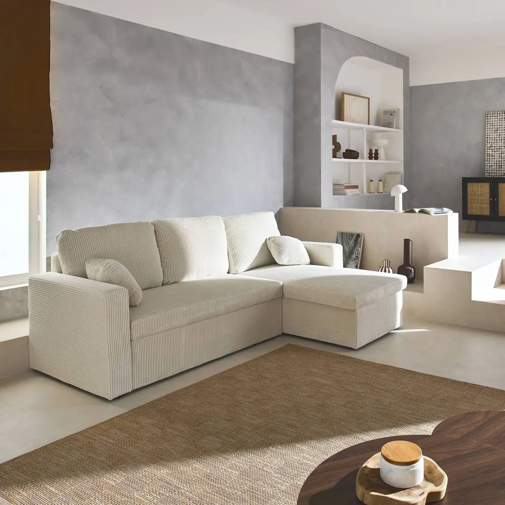 sweeek 3-seater large corduroy corner sofa bed in White 3