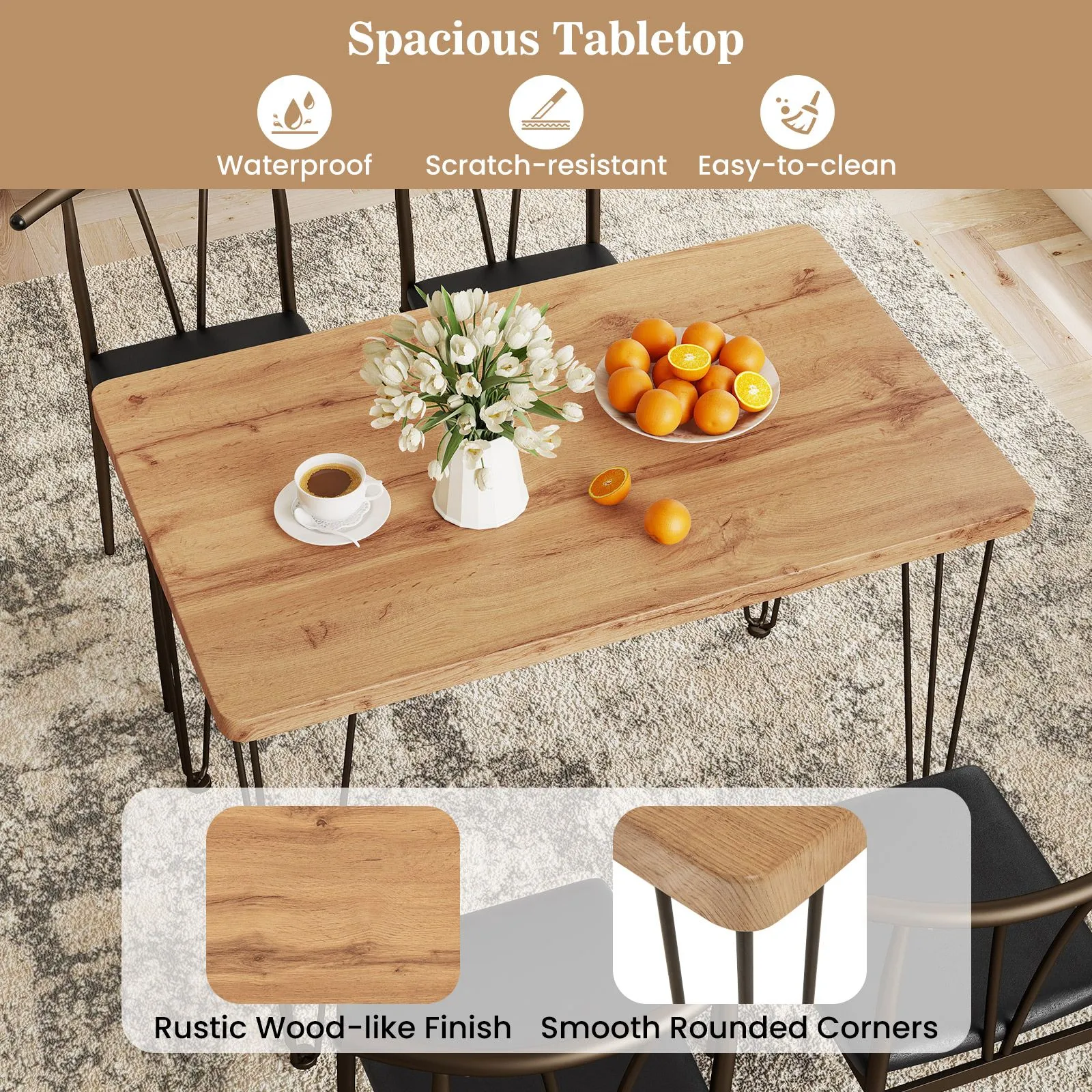 Costway 5-Piece Dining Table Set Industrial Rectangular Kitchen Table in Light Oak 4