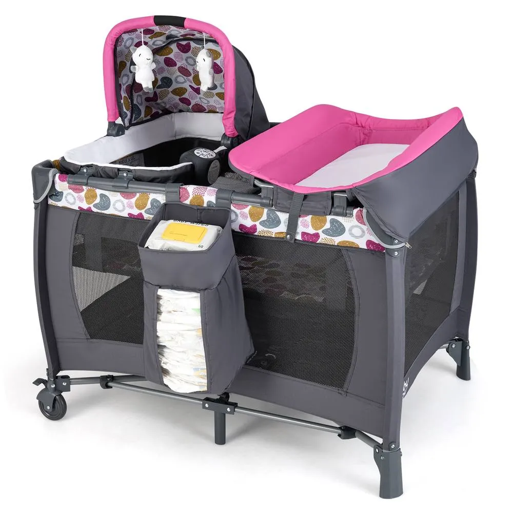 Costway Foldable Pack &Play Portable Baby Playard w/Rocking Bassinet&Music Box in Pink