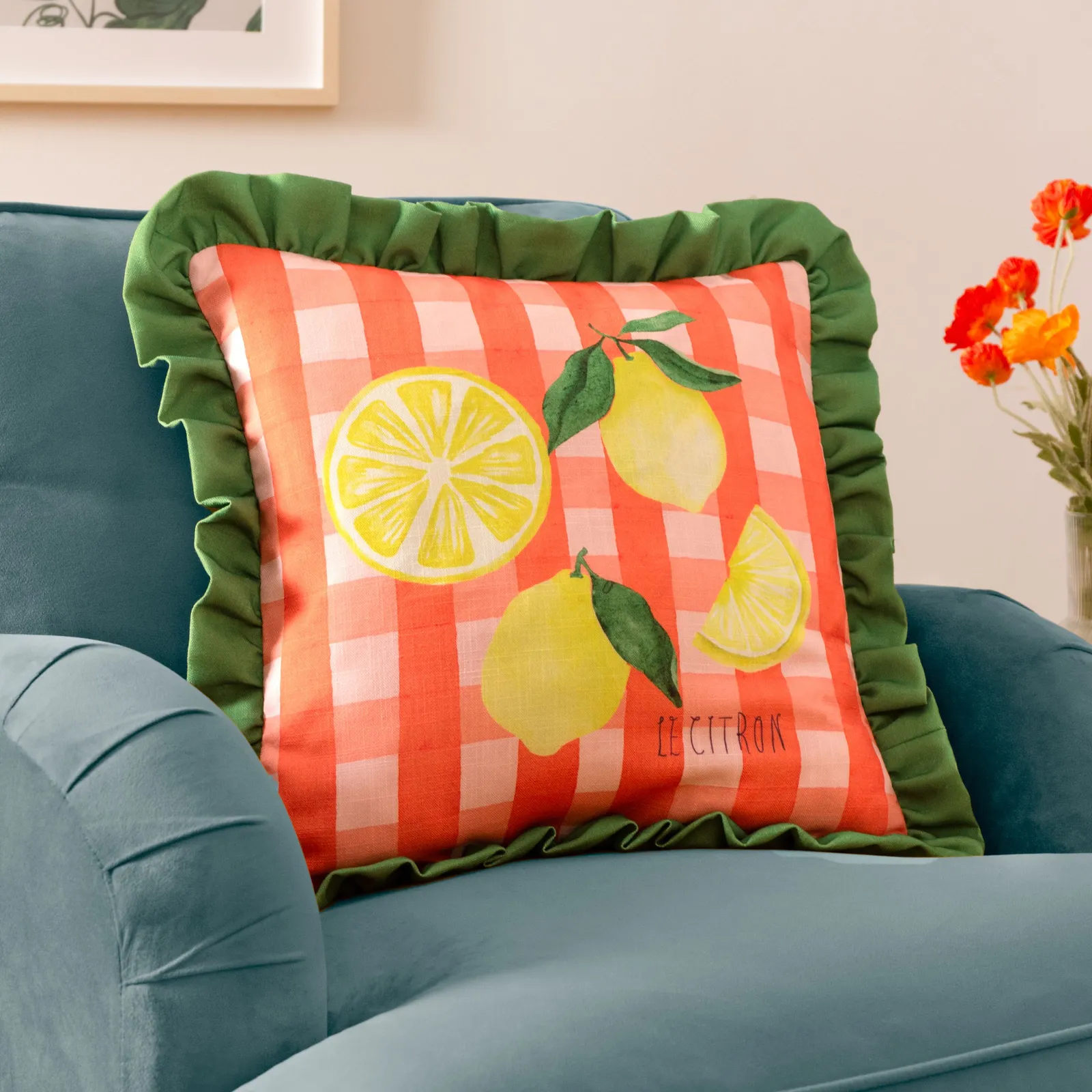 Furn Gingham Citron Printed Ruffle Cushion