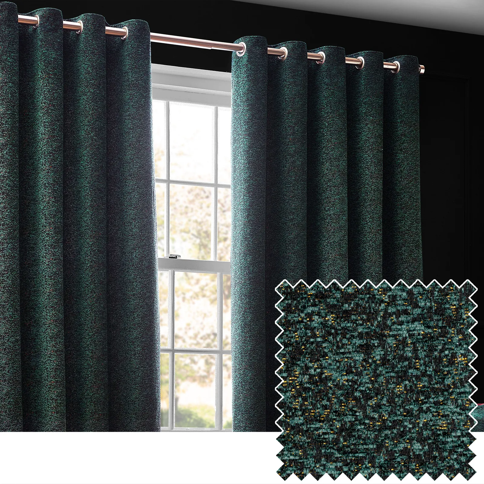 Paoletti Galaxy Velvet Chenille Eyelet Curtain Pair in Emerald 1