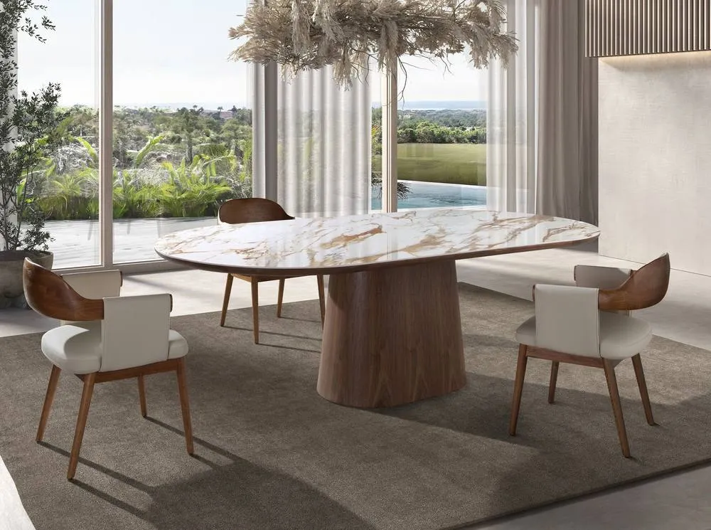 Angel Cerda Oval Porcelain Marble Dining Table with Walnut Legs in White 3