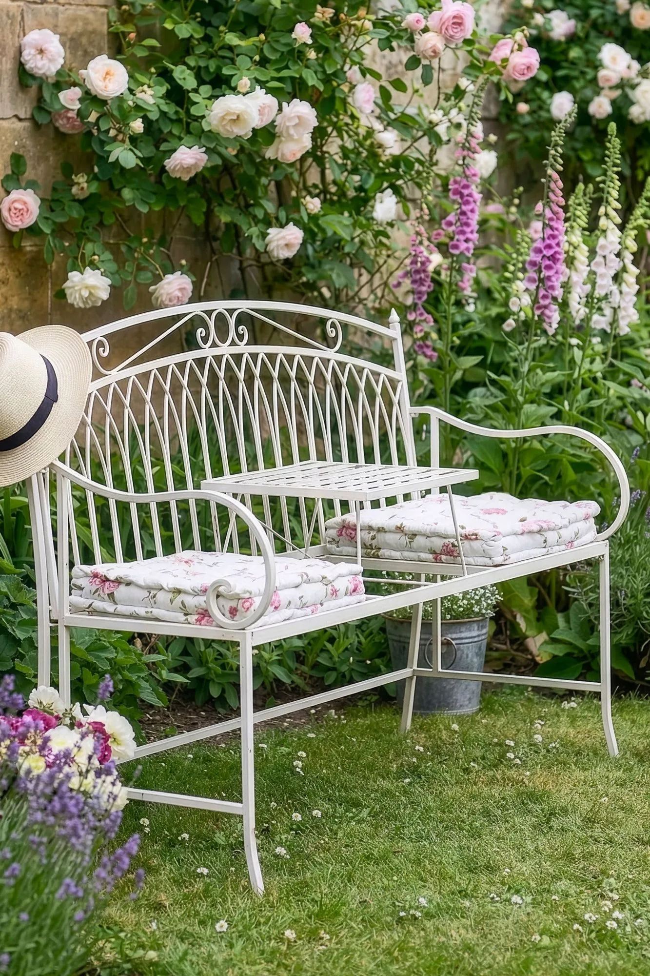 Dibor Vintage Large Cream Arched Outdoor Garden Furniture Bench with Table 2