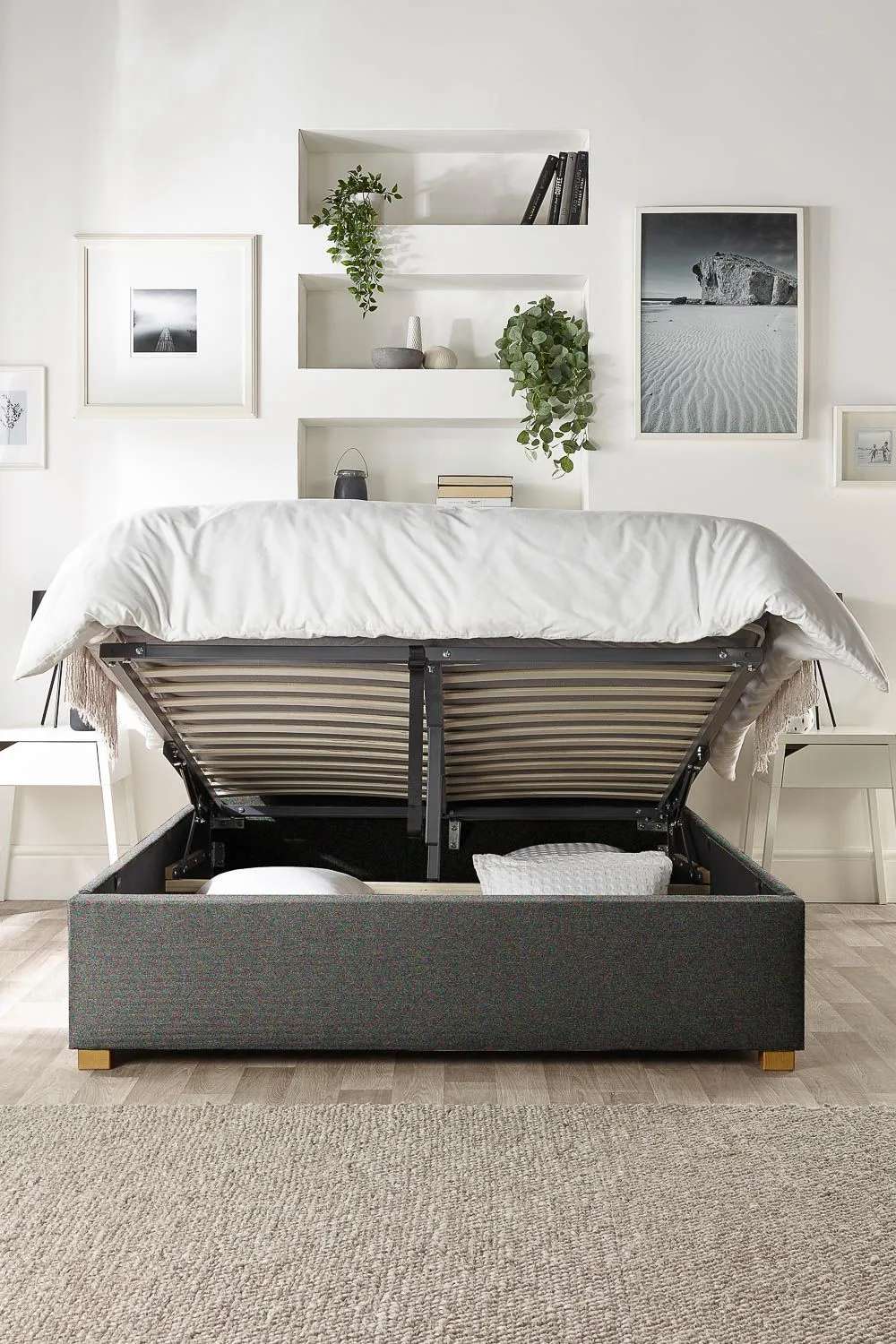 Catherine Lansfield Opulence Ottoman Storage Bed in Saxon Twill Fabric, Custom Made in Charcoal 2