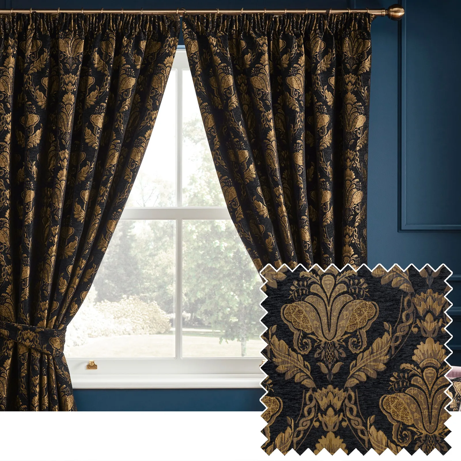 Paoletti Shiraz Traditional Jacquard Pencil Pleat Curtains in Black 1