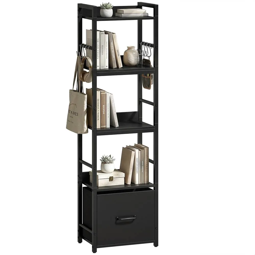 HOMCOM 4-Tier Bookshelf, Shelving Unit with Drawer, 8 Hooks in Black 2