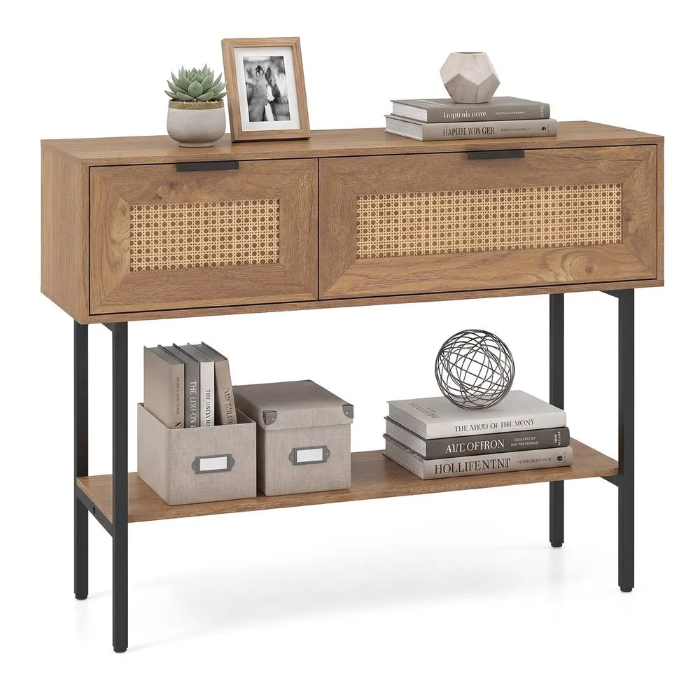 Costway Rattan Console Table Boho Entryway Table w/ Flip Doors & Open Shelf in Natural 2