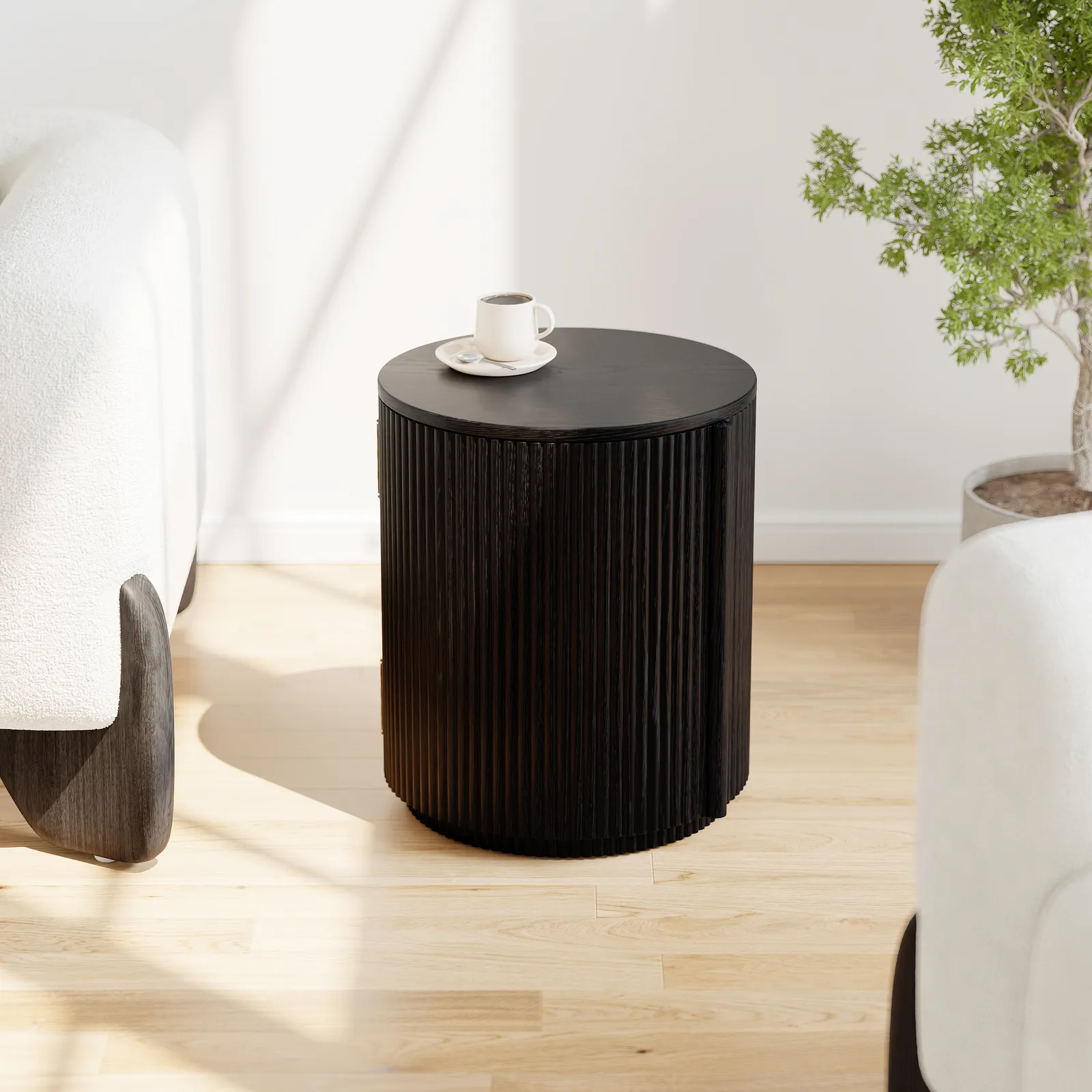 Round Fluted Side Table with Storage
