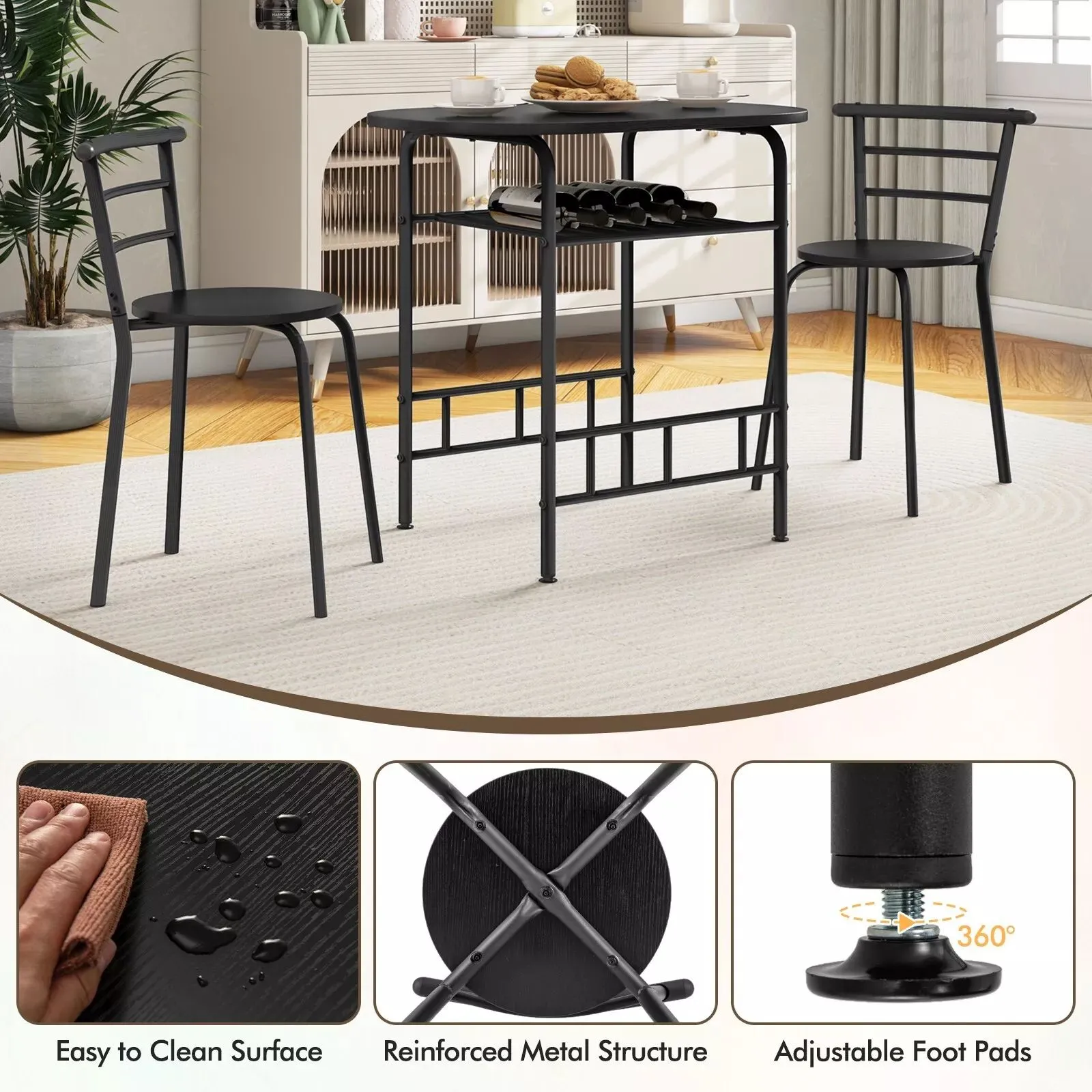 Costway 3-Piece Dining Table Set Kitchen Breakfast Nooks Table & Chairs in Black 2