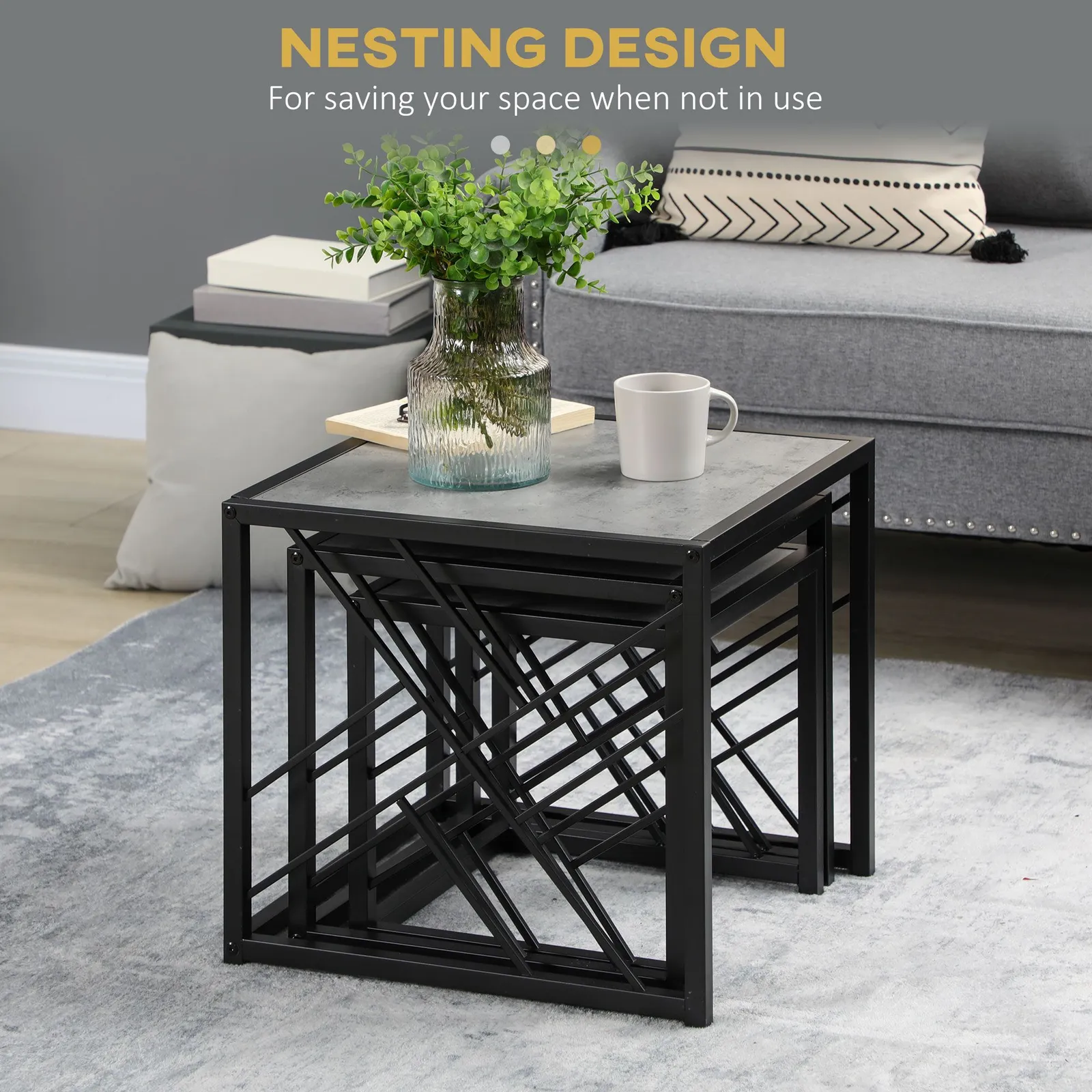 HOMCOM Set of 3 Nesting Coffee Tables Square Side Tables with Metal Frame in Grey 5