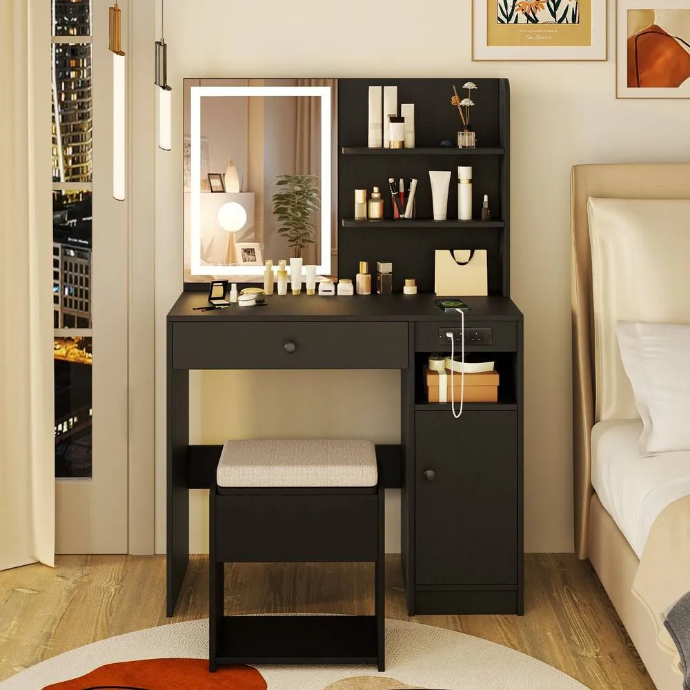 Costway Wooden Vanity Desk w/ Stool Makeup Dressing Table w/Mirror & Lights in Black 2