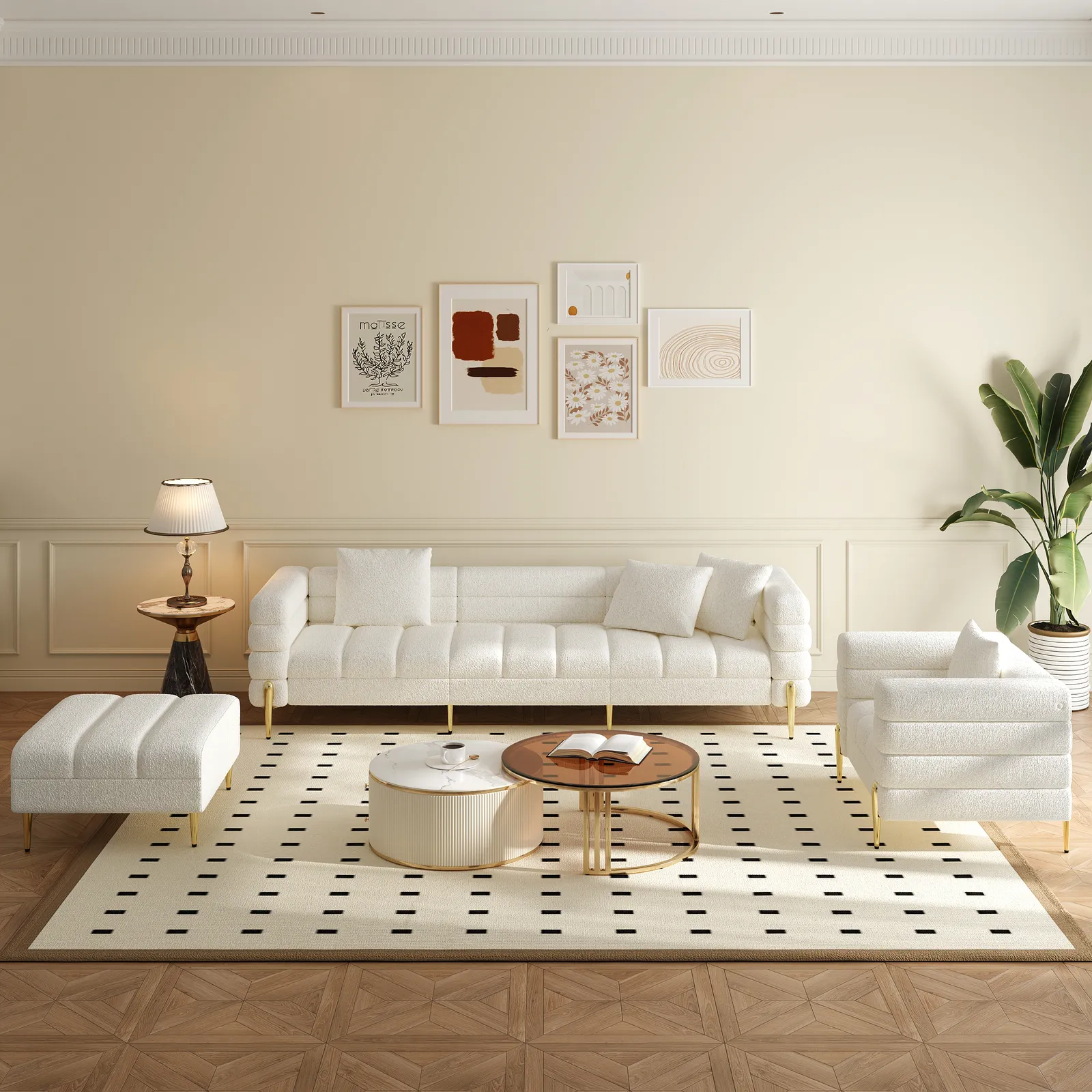 White Boucle Accent Chair Modern Modular Armchair 2591 mm Boucle Modular 4-Piece L-Shaped Couch with Chaise Modern White 3-Seater Sofa
