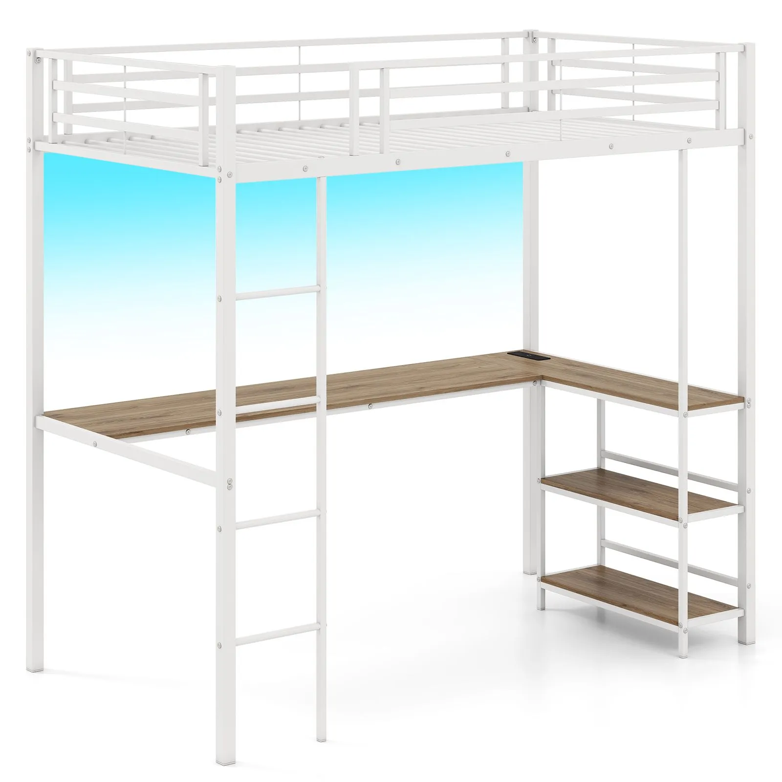 Costway Loft Bed Single Platform Bed Metal High Sleeper Bed w/Charging Station in White