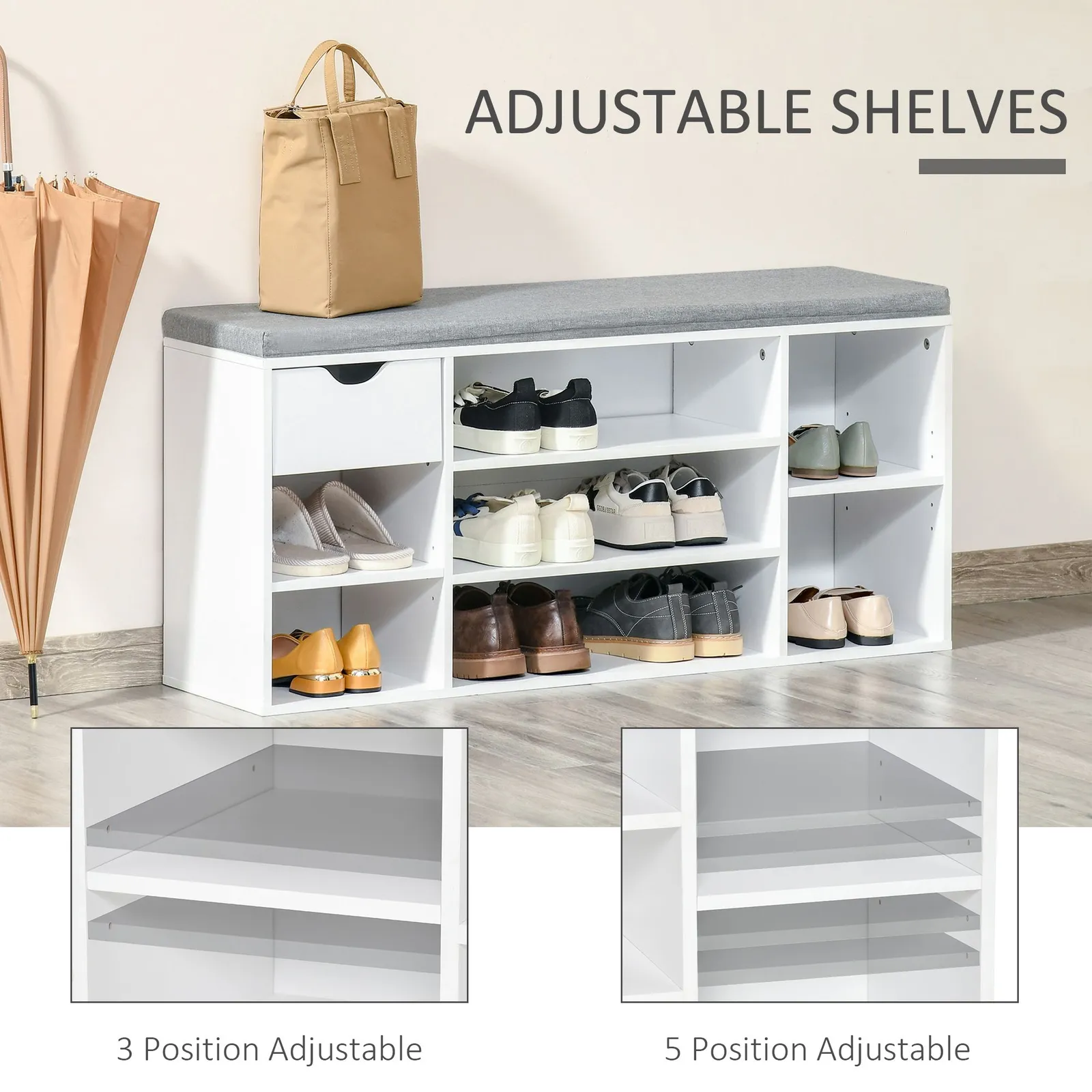 HOMCOM Shoe Storage Bench with Cushion 7 Compartments Adjustable Shelves in White 5