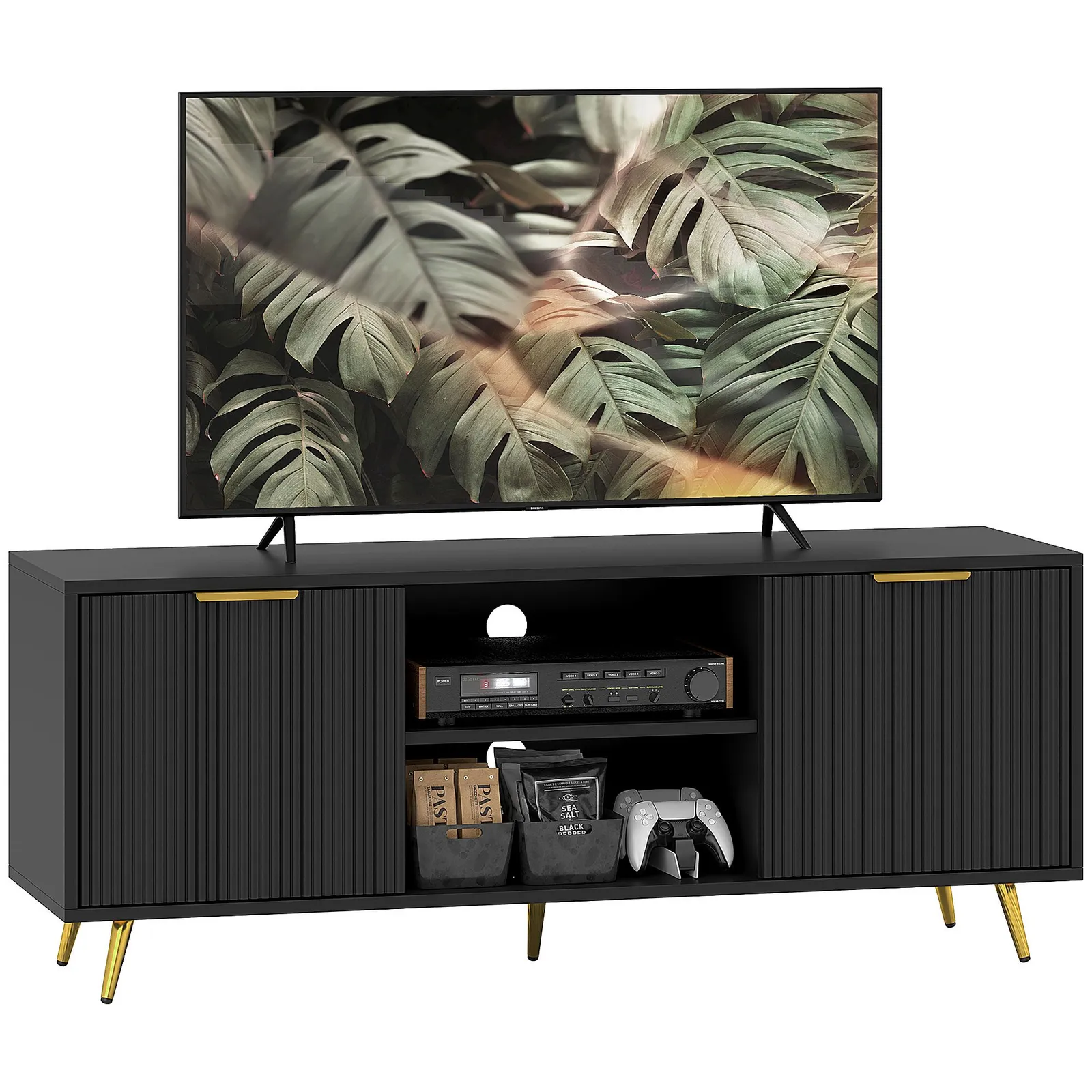 HOMCOM Modern TV Stand Cabinet with Storage for Living Room, Black 2