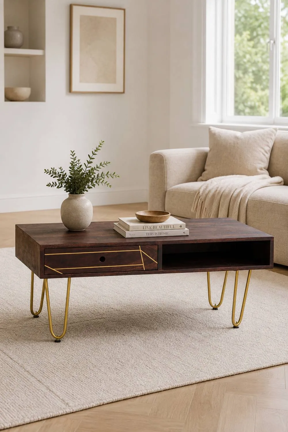 IH Design Silchester Dark Mango Coffee Table with Drawer & Gold Inlay in Brown