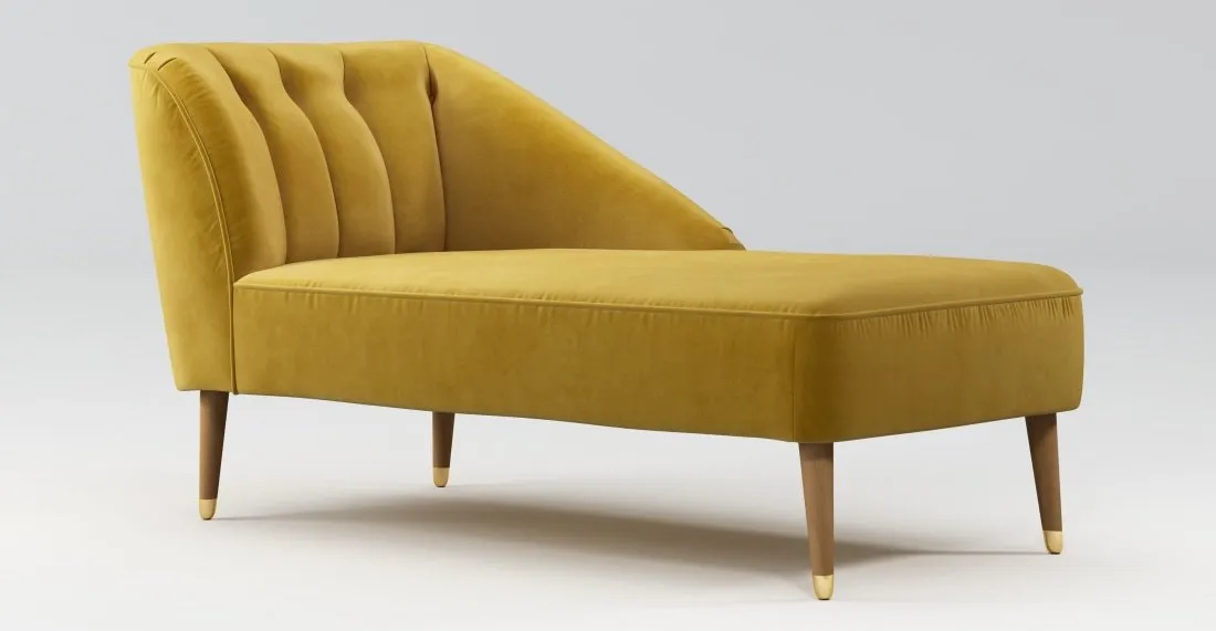 Custom MADE Margot Right Hand Facing Chaise, Antique Gold Velvet, Light Wood Brass Leg