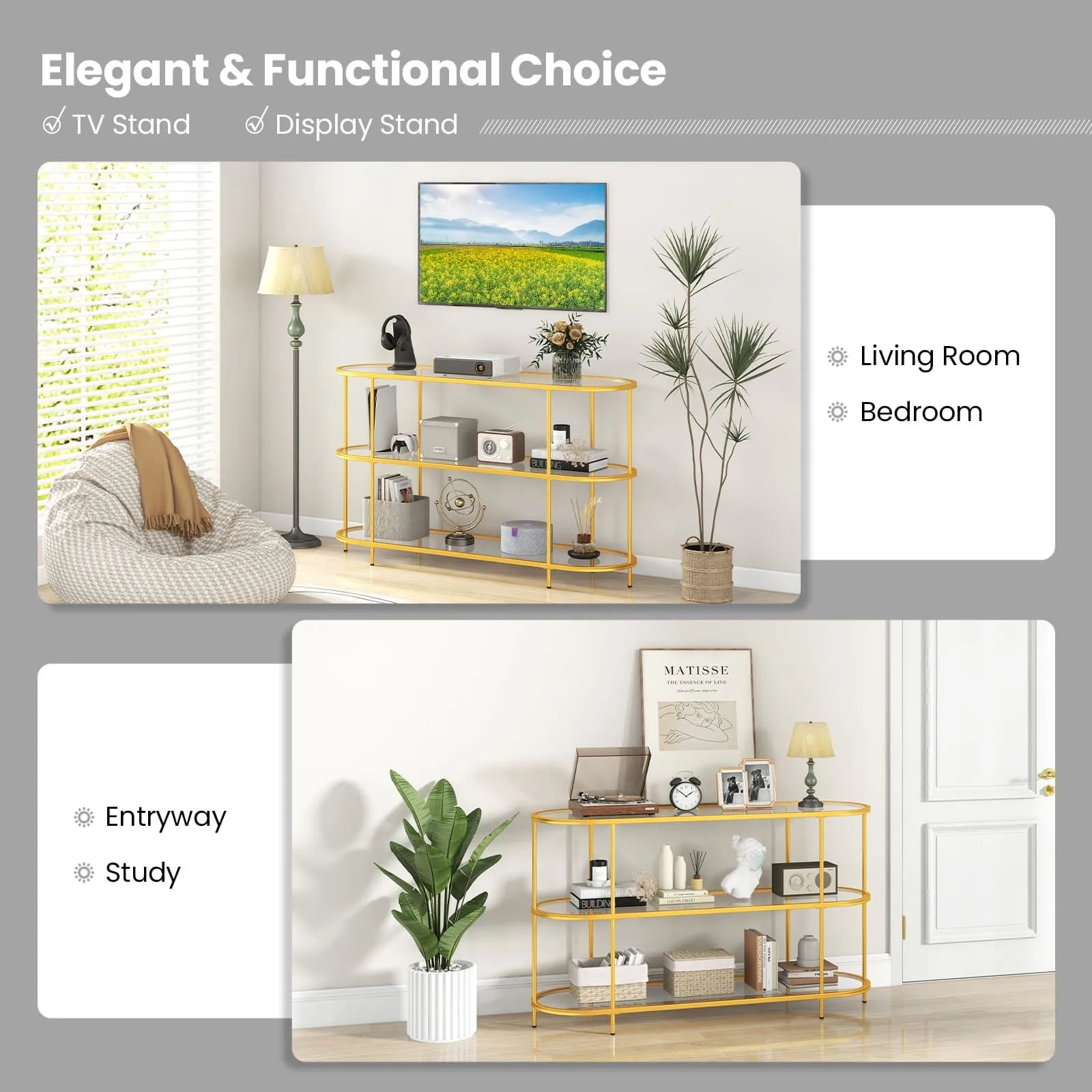 Costway 3-Tier TV Stand for TVs up to 65" 140cm TV Console Table in Gold 3